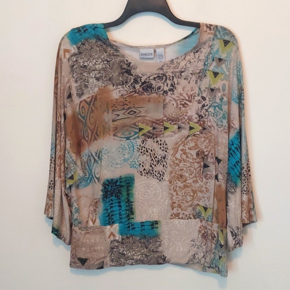 Chico's Multicolor Patchwork Print Blouse - Teal, Tan, Cream